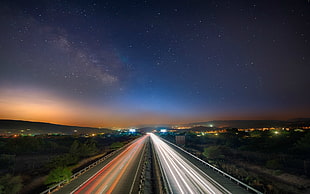 time lapse photo of vehicle on road at night time, long exposure, road, landscape
