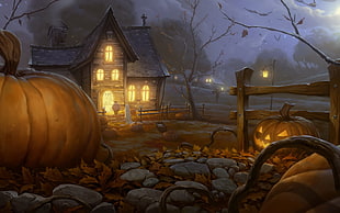 brown and gray concrete house surrounded by pumpkins painting, pumpkin, Halloween, fantasy art HD wallpaper
