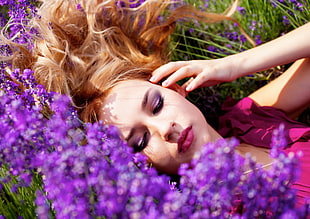 woman lying on Lavender flower field