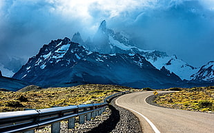 grey asphalt road, photography, nature, mountains, snowy peak