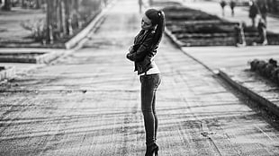 grayscale photo of woman standing, women, model, road, jeans