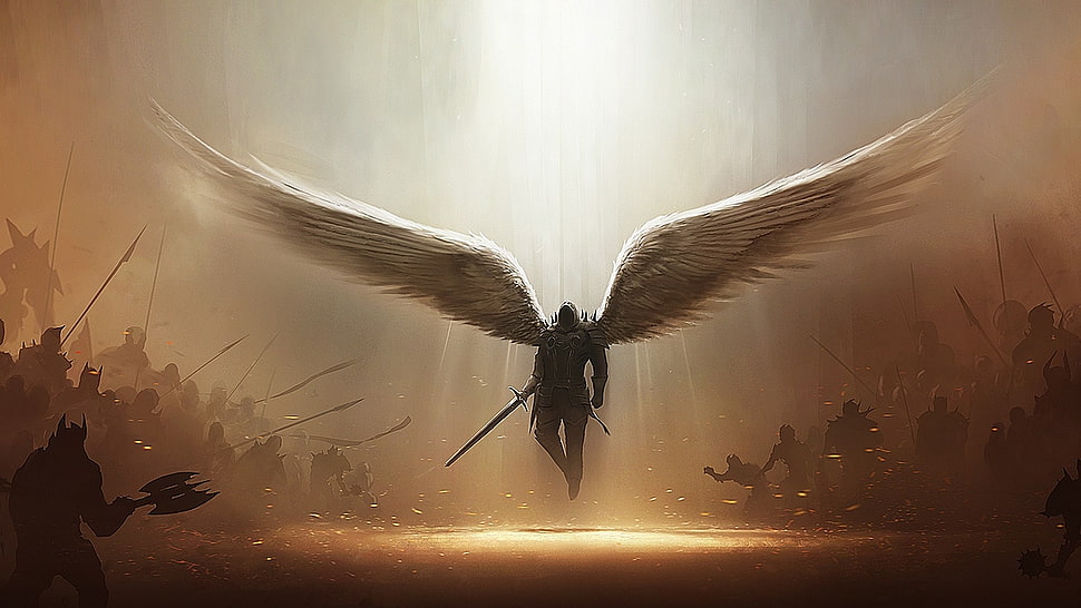 male with wings holding sword game HD wallpaper