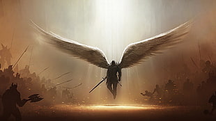 male with wings holding sword game