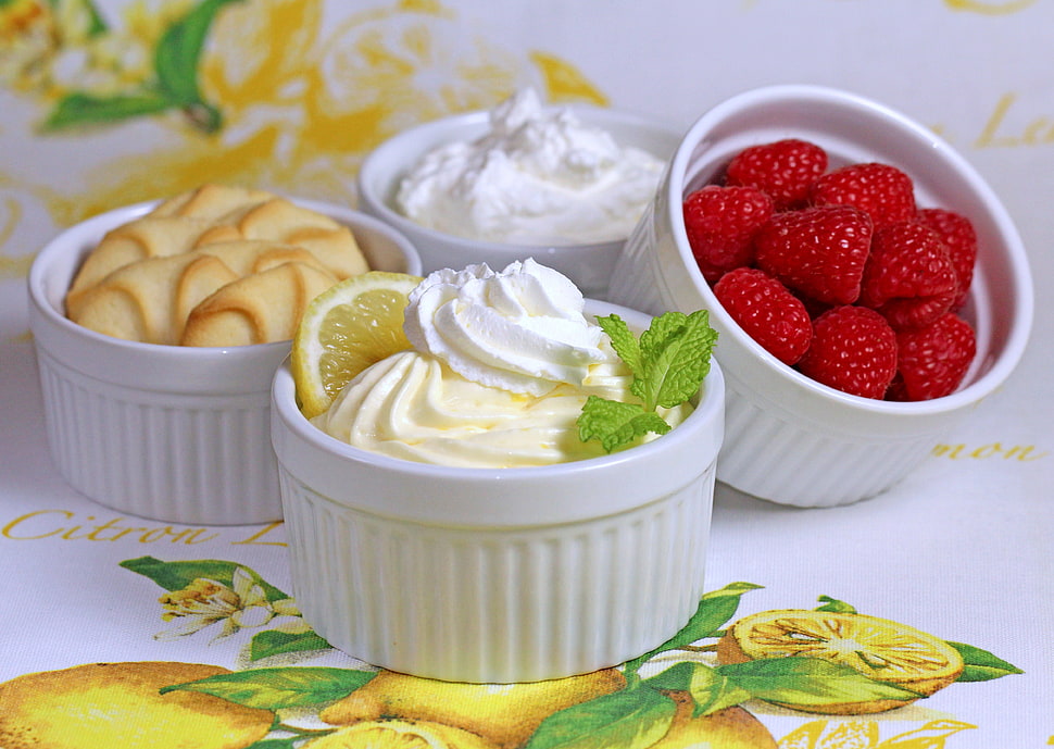 assorted pastries with ceramic bowls HD wallpaper