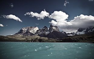 mountains and sea photo, nature, torres del paine national park, sky, blue HD wallpaper