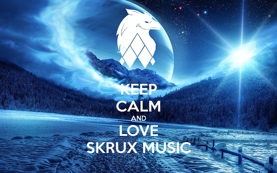 keep calm and love SKRUX music text overlay, snow, mountains HD wallpaper