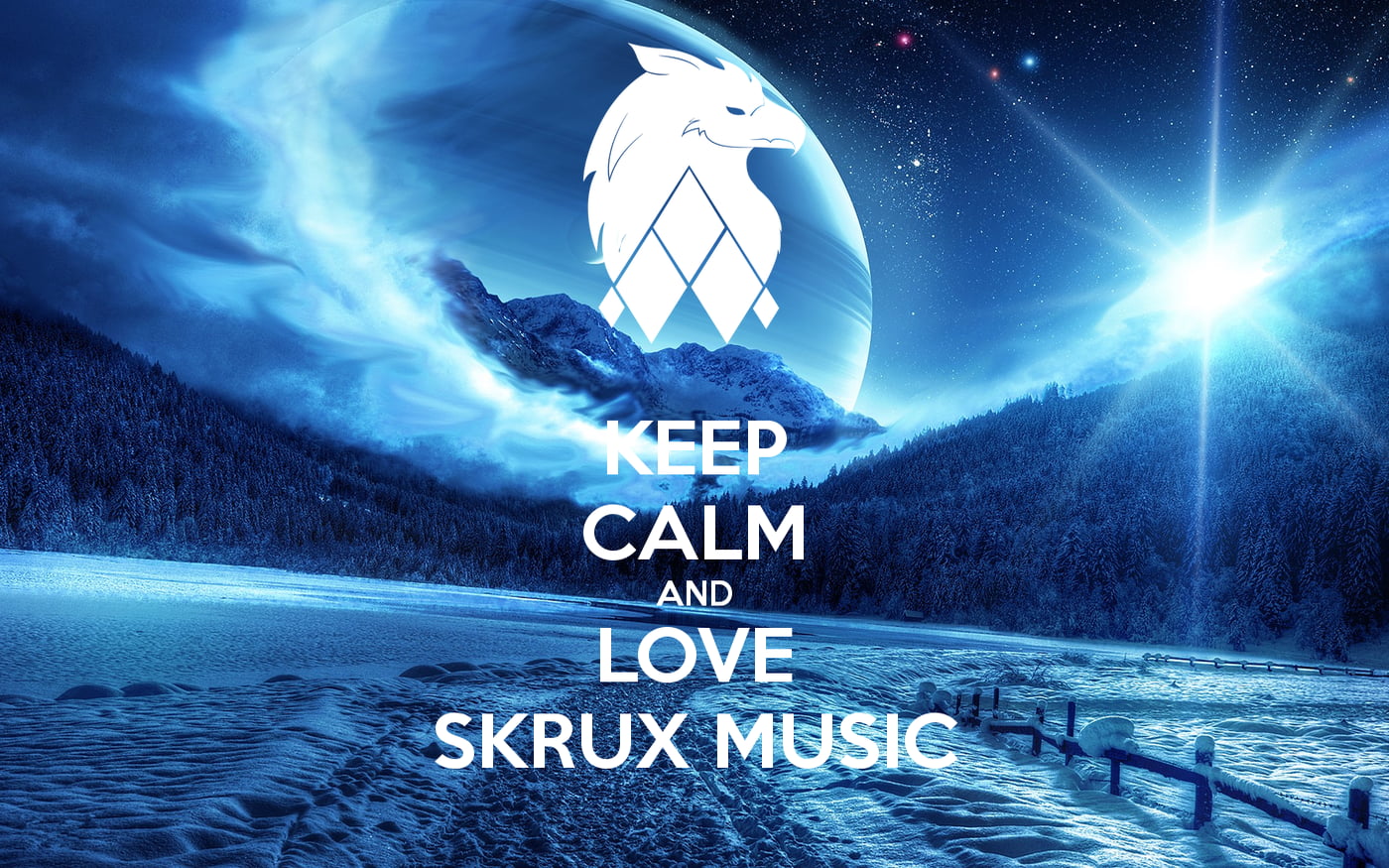 keep calm and love SKRUX music text overlay, snow, mountains
