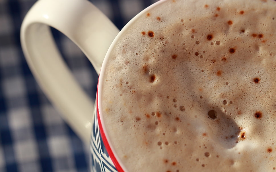 white and red ceramic mug, coffee, drink HD wallpaper