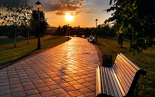 park with benches and pathway during sunset