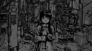 female anime character sketch, Serial Experiments Lain, anime girls, monochrome, machine