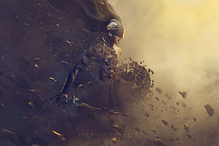 game character wearing mask and holding sword digital wallpaper