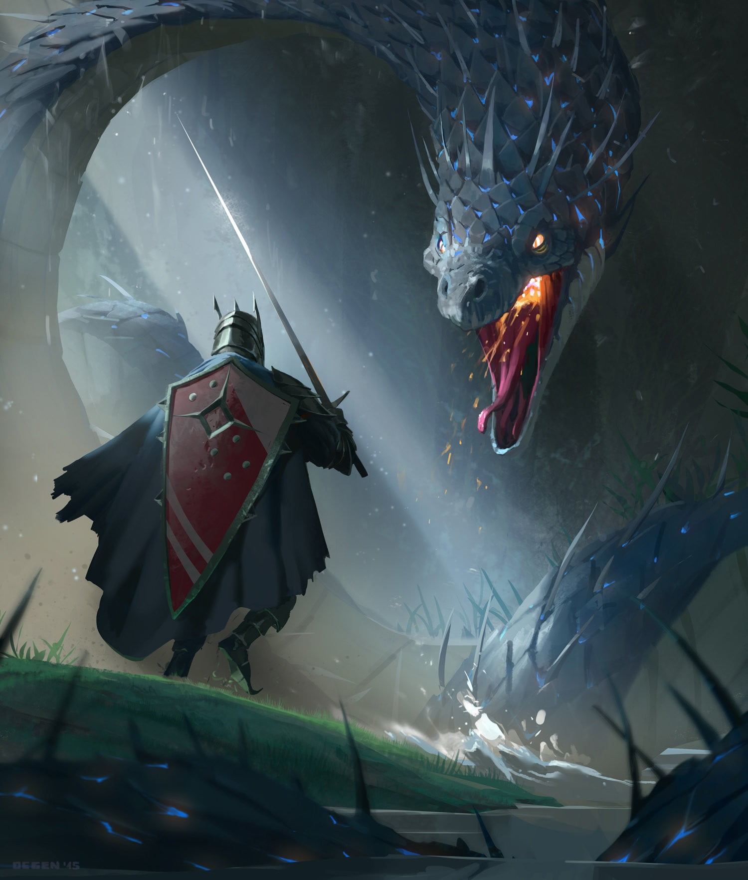 dragon and knight illustration, fantasy art, knight, dragon