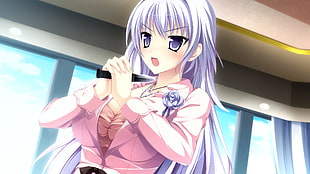 anime girl with pink long-sleeved top about to stab herself