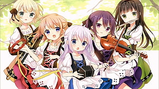 five female anime character playing instruments, Gochuumon wa Usagi Desu ka?