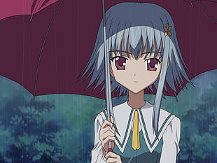 female anime character using red umbrella during rainy season