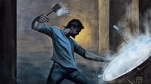 male wearing gray shirt pounding water illustration, artwork, Imagine Dragons, men