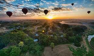 five black hot air balloon flying during sunset, bagan HD wallpaper