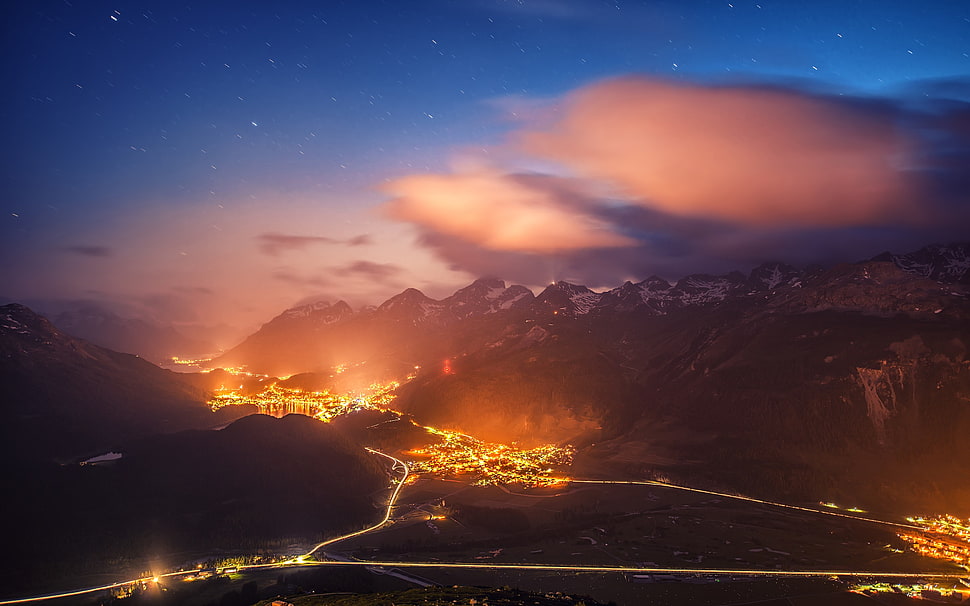 aerial photography of mountains during nighttime HD wallpaper