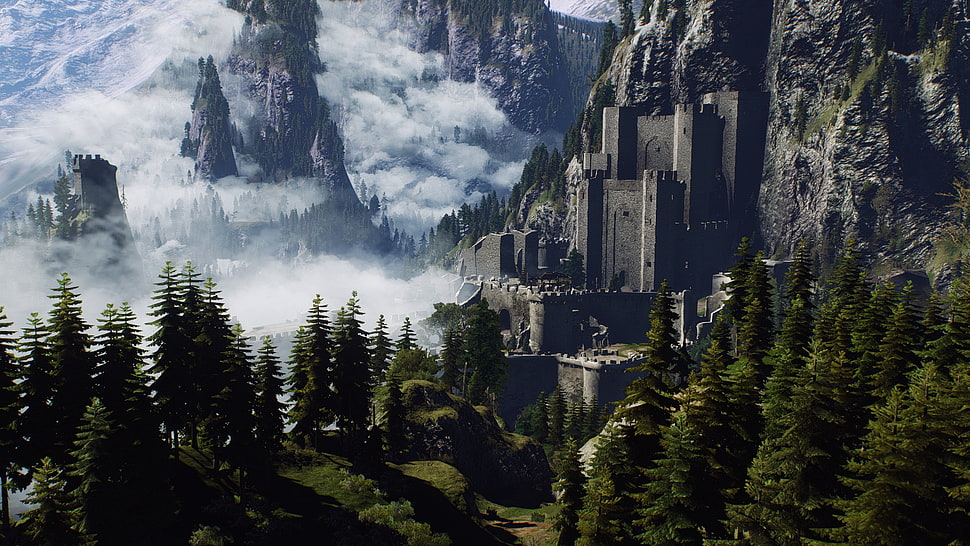 gray castle, fantasy art, trees, mountains, clouds HD wallpaper