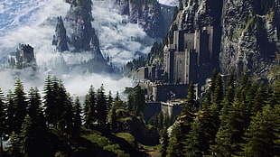 gray castle, fantasy art, trees, mountains, clouds