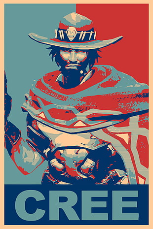man wearing cowboy hat illustration, propaganda, Mc Cree, Overwatch, Gamer