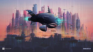 gray shark game application screenshot, GOG.com, futuristic, cityscape, digital art