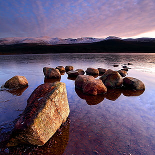 landscape photography of rocks on body of water, loch morlich HD wallpaper