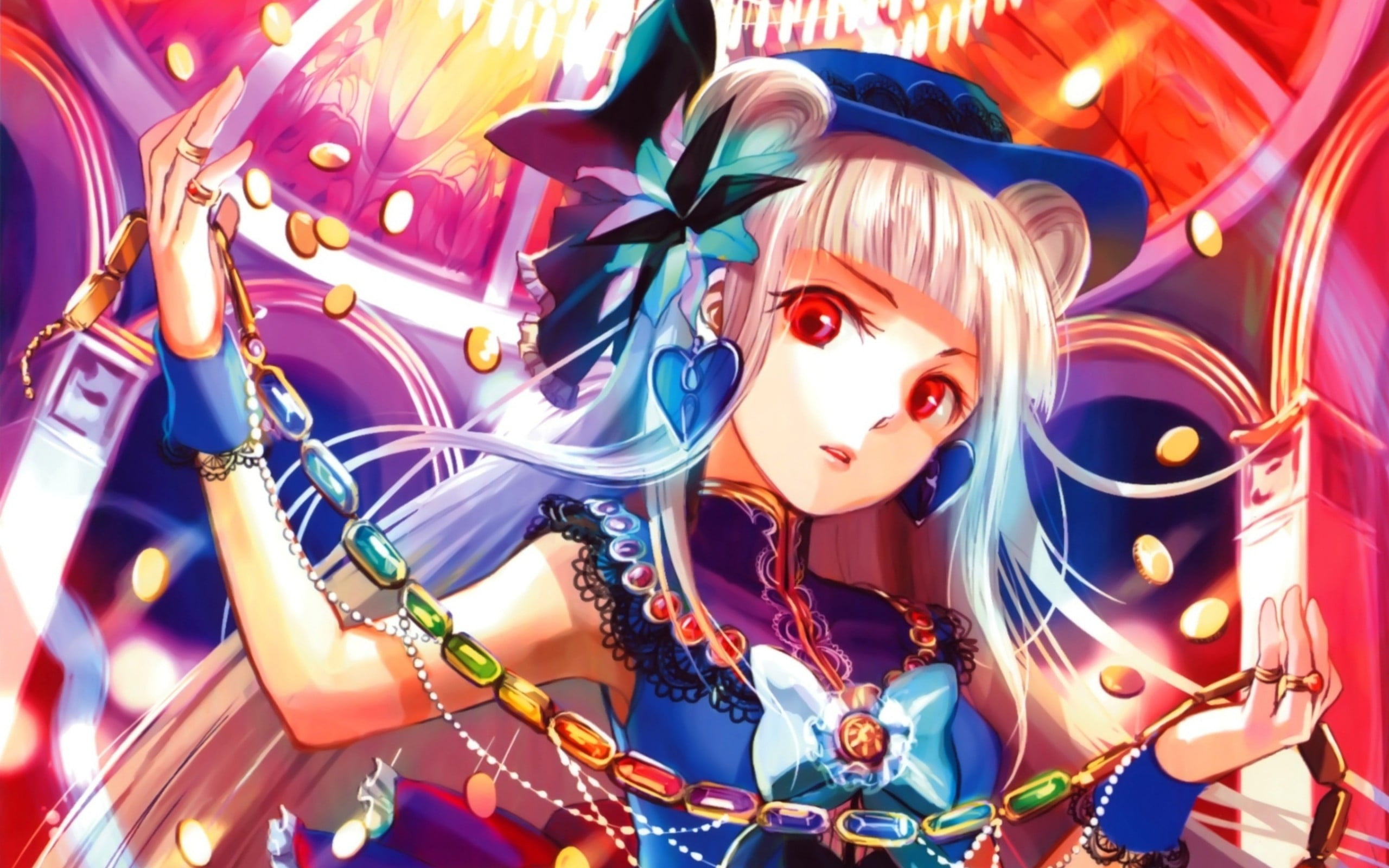 animated photo of female anime character with blue cap and multicolored chain