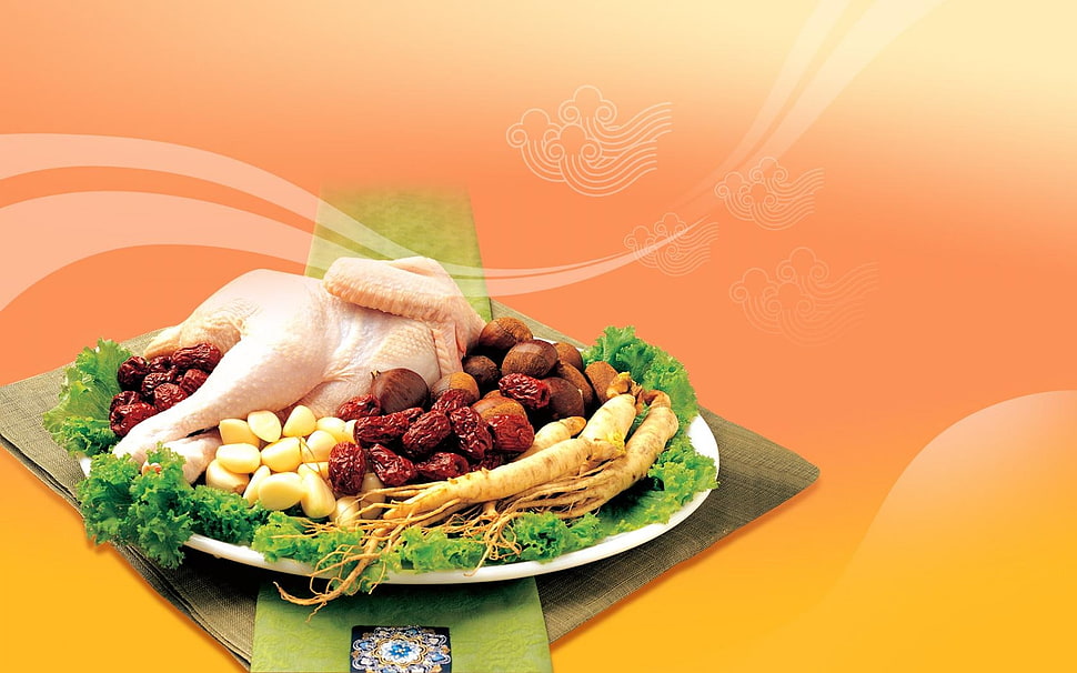 fresh chicken with condiments on white ceramic plate HD wallpaper