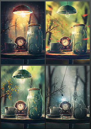 four glass jars with pendant lamp painting collage, Sylar, artwork