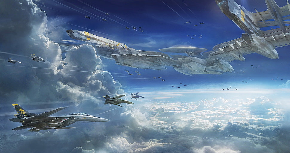 gray airplanes illustration, aircraft, futuristic, artwork, clouds HD wallpaper