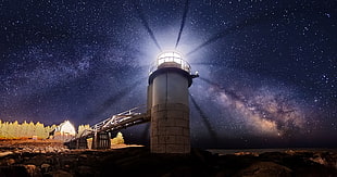 white lighthouse wallpaper, Maine, lighthouse, universe, starry night
