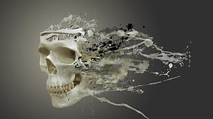 human skull edited photo, digital art, simple background, skull, teeth