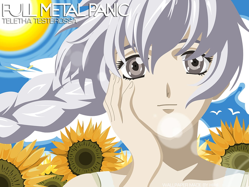 gray haired female anime character surrounded with sunflowers digital graphic wallpaper HD wallpaper