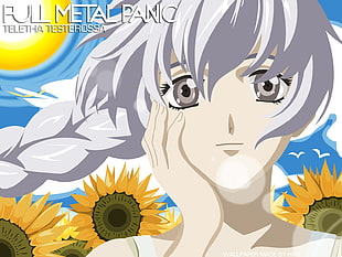 gray haired female anime character surrounded with sunflowers digital graphic wallpaper