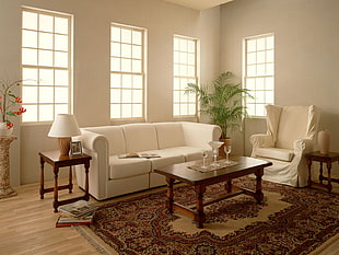 white and brown table lamp on brown wooden end table beside white 3-seat couch HD wallpaper