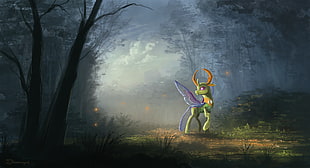 green and purple mythical creature illustration, My Little Pony, Thorax, forest, digital art
