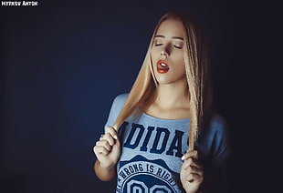 women's blue adidas crew-neck t-shirt, women, blonde, closed eyes, simple background HD wallpaper