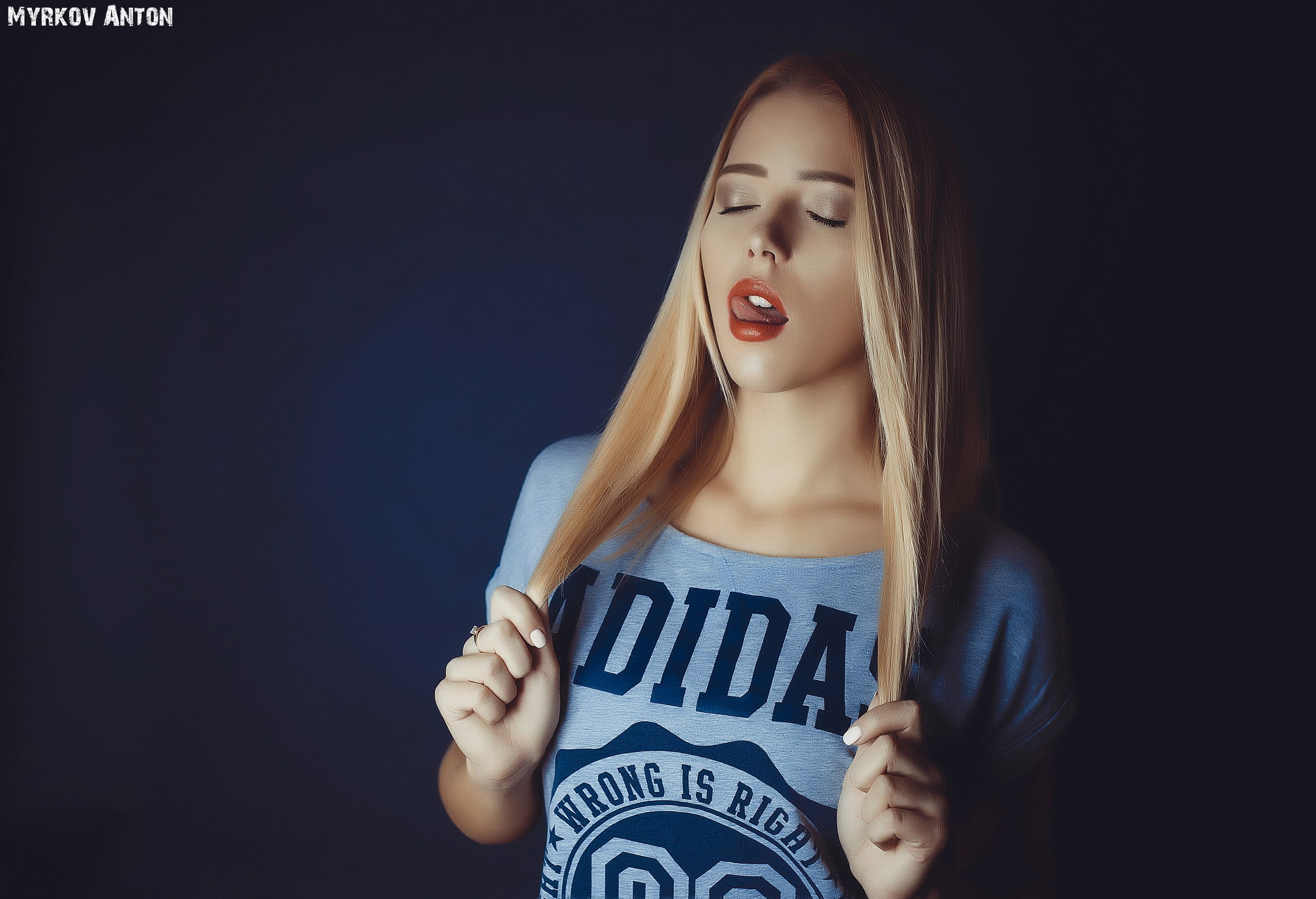 women's blue adidas crew-neck t-shirt, women, blonde, closed eyes, simple background