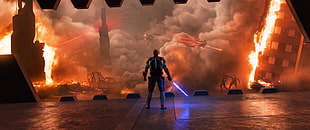 man holding blue laser sword poster