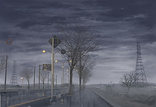 gray road painting, power lines, anime, trees, street light