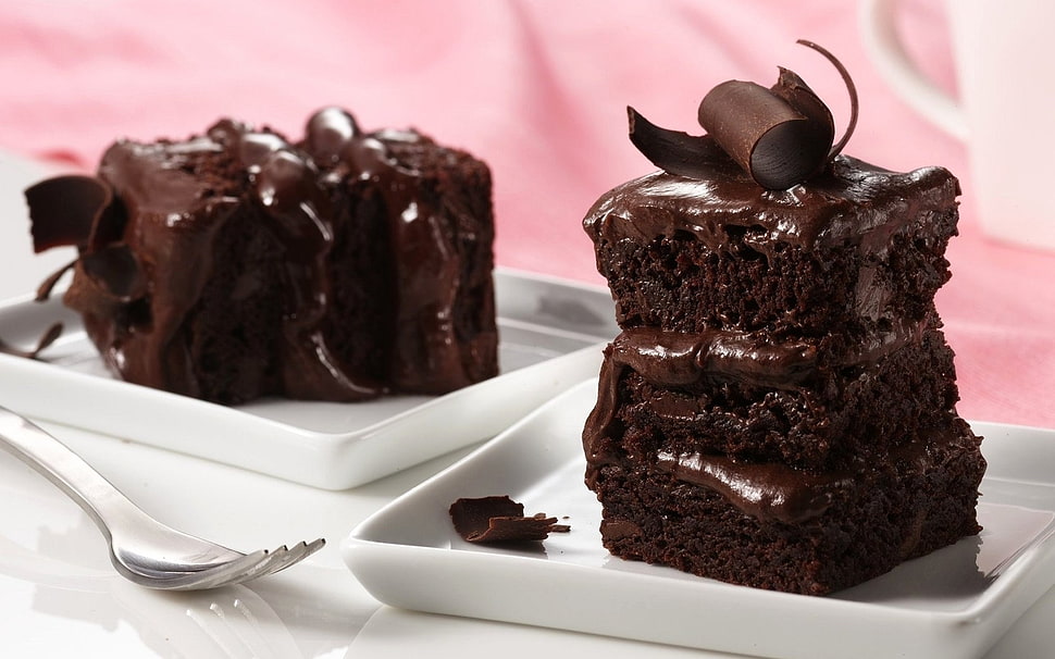 two white ceramic plates with chocolate cakes HD wallpaper