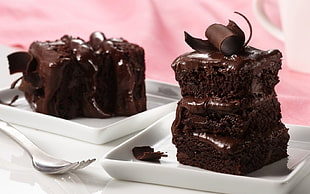 two white ceramic plates with chocolate cakes
