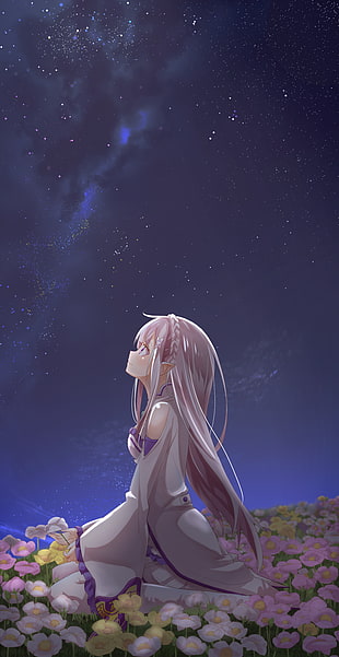 gray haired female anime character, Emilia (Re: Zero), landscape, pointed ears, Re:Zero Kara Hajimeru Isekai Seikatsu HD wallpaper