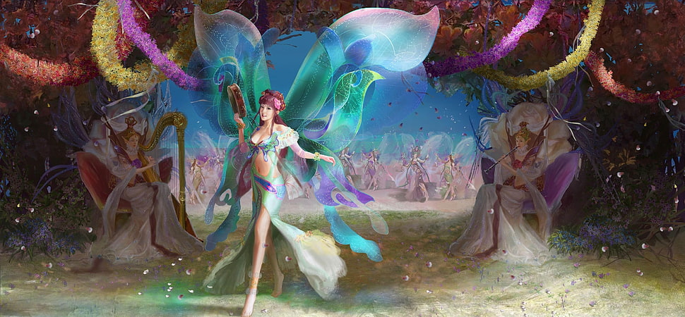 fairy wearing teal and purple dress poster HD wallpaper