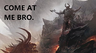 fantasy character standing on rock holding axe wallpaper, dragon, armor, axes, Come at me bro HD wallpaper