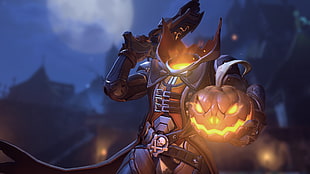 pumpkin head armored character graphic poster, Reaper (Overwatch), Overwatch, Halloween, video games