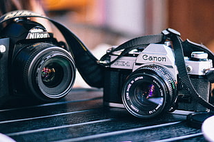 black Nikon DSLR camera and white-and-black Canon DSLR camera HD wallpaper