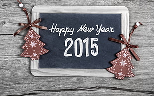 rectangular brown wooden framed Happy New Year 2015 wall plaque, New Year, snow, 2015, wooden surface HD wallpaper