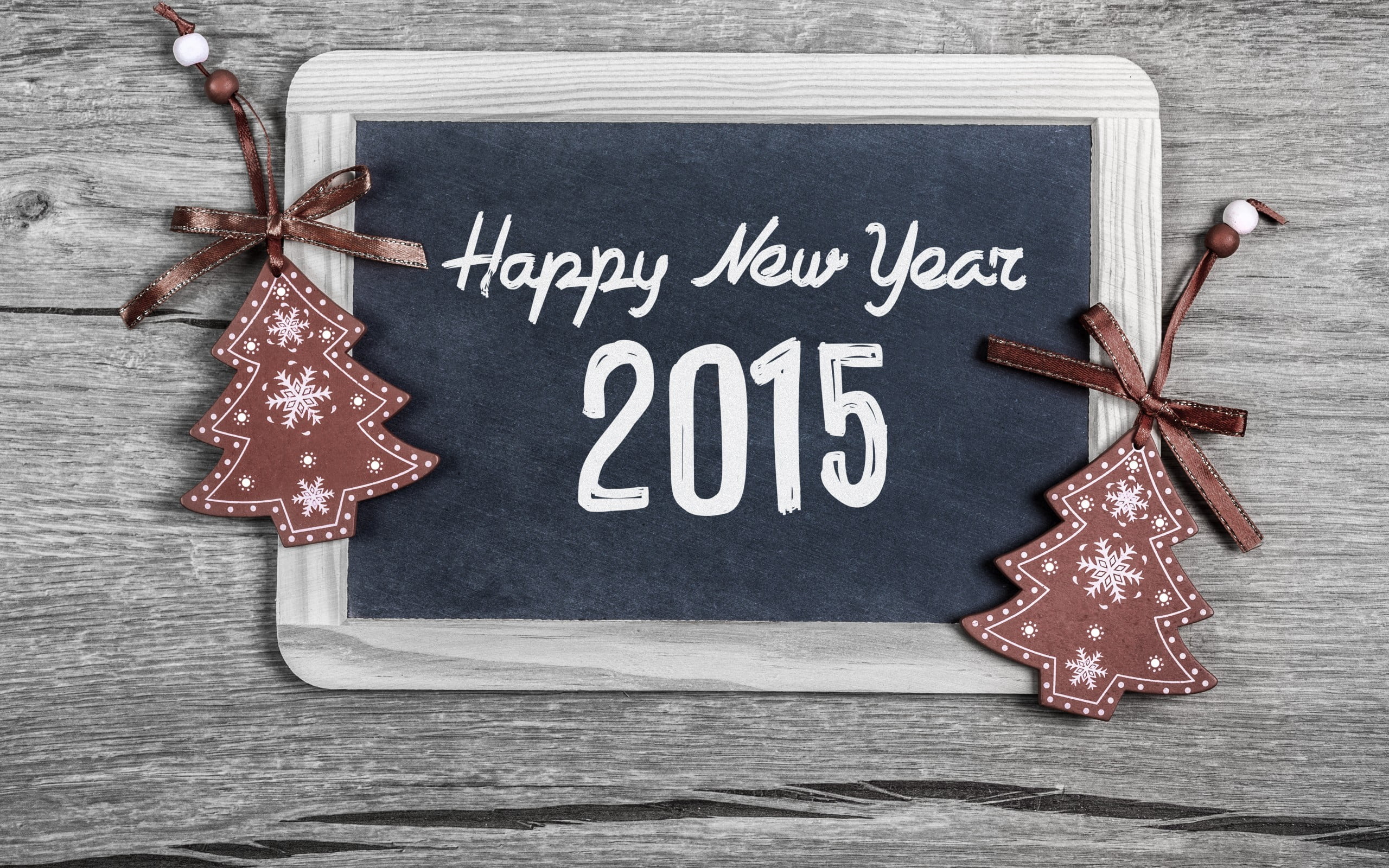 rectangular brown wooden framed Happy New Year 2015 wall plaque, New Year, snow, 2015, wooden surface
